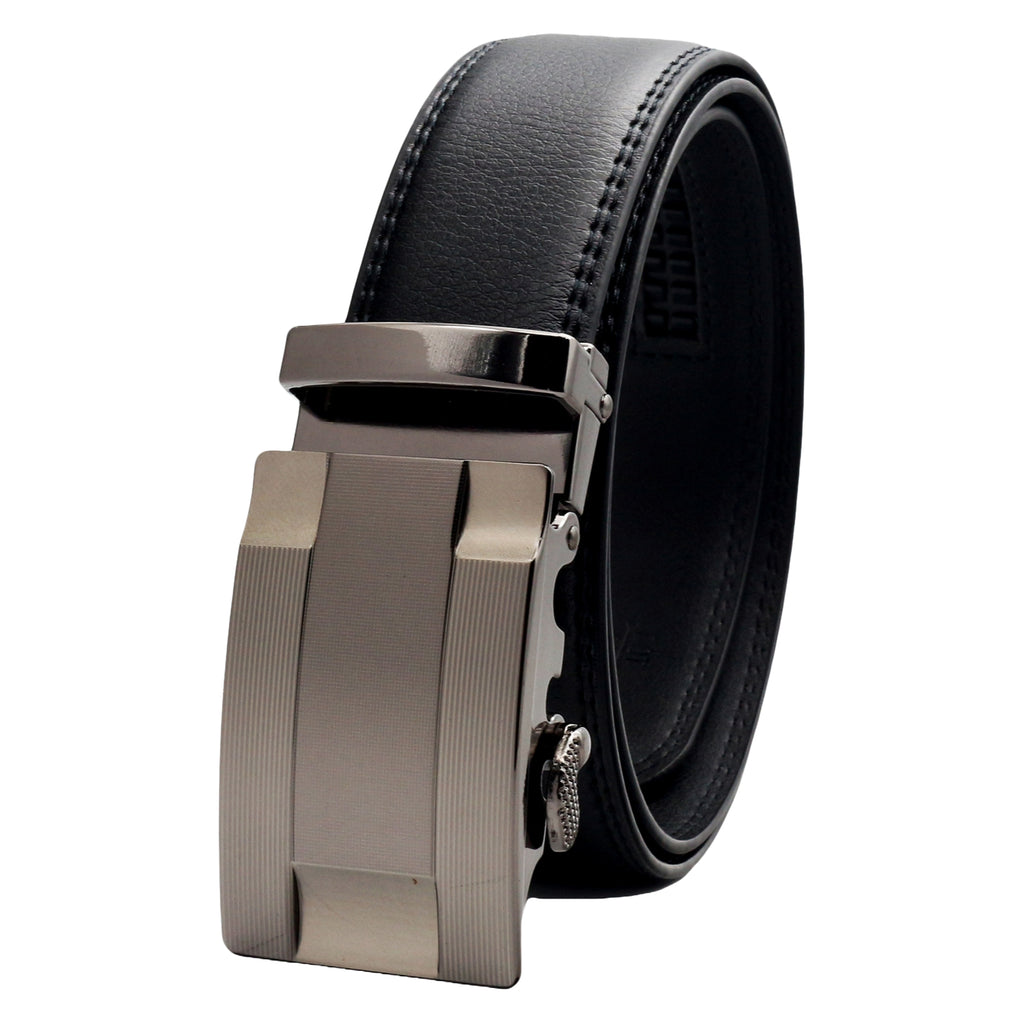 QHA Mens 35mm Ratchet Leather Belt, Triple Stripe Gunmetal Buckle Q5087