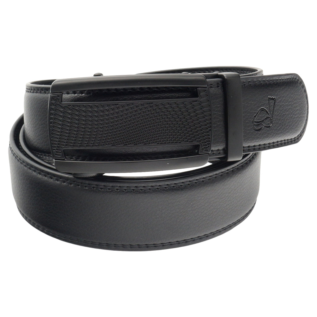 QHA Mens 35mm Ratchet Leather Belt, Polished Black Plastic Grid Buckle Q5085