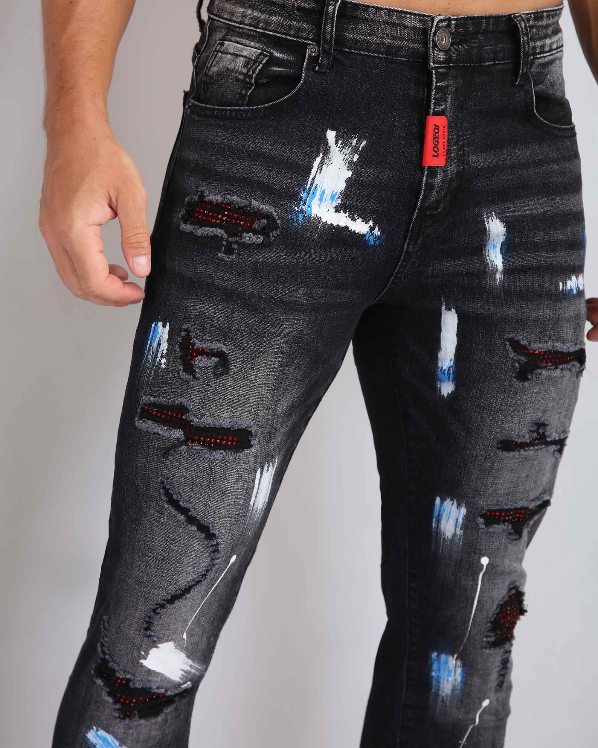 Street Art Chic Ripped Black Jeans with Graffiti Paint Drawing