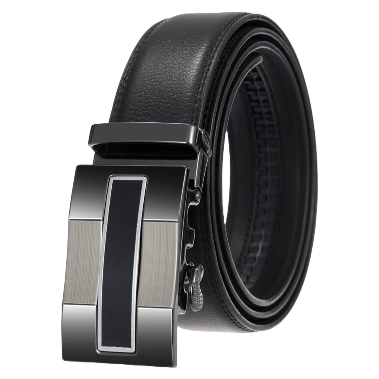 QHA Mens 35mm Ratchet Leather Belt, Gunmetal Vertical Inlay Automatic Buckle Q68
