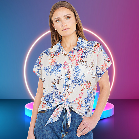 Womens Cotton Paisley Print Tie Front Shirt Short Sleeve Summer Blouse - QHA UK
