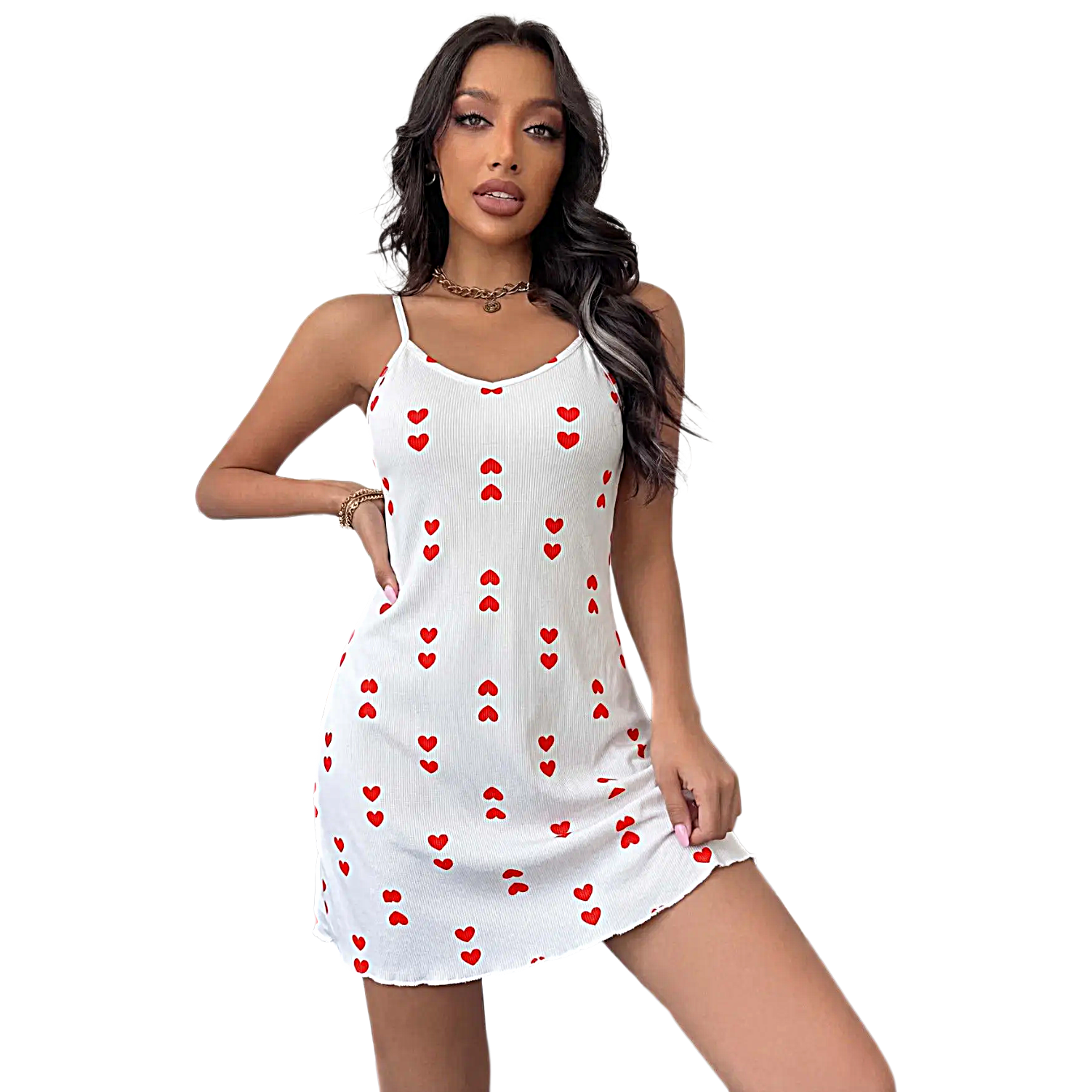 Womens Heart Print Camisole Nightdress Summer Strappy Sleepwear