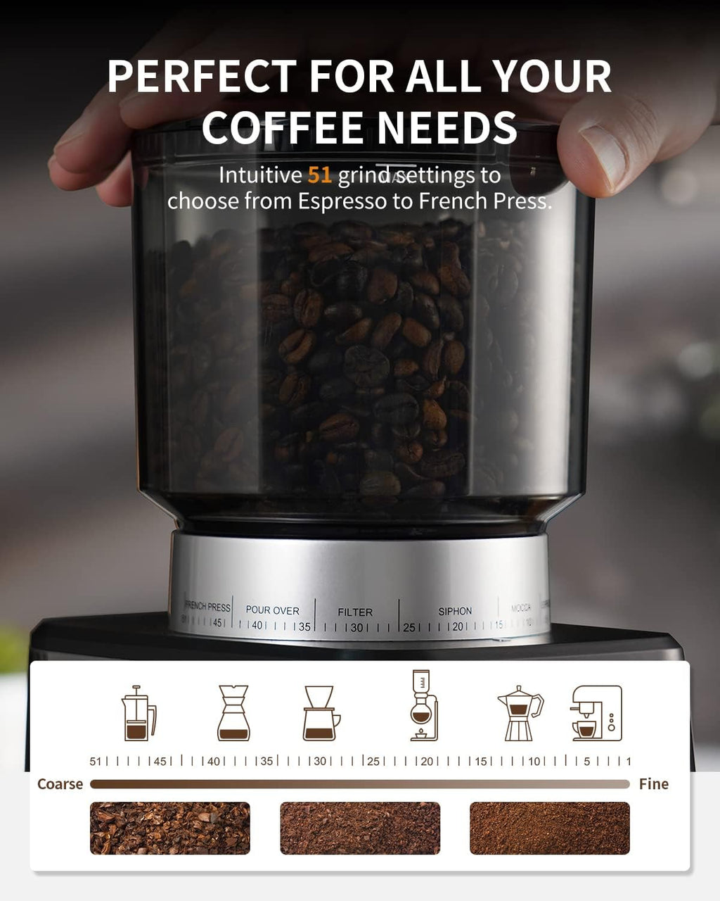 Conical Burr Coffee Grinder Electric 51 Settings with Timer Touchscreen Shardor