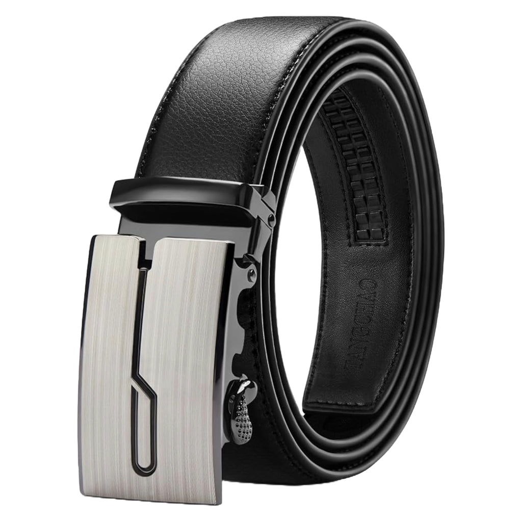QHA Mens 35mm Ratchet Leather Belt, Brushed Silver J-Line Automatic Buckle Q67