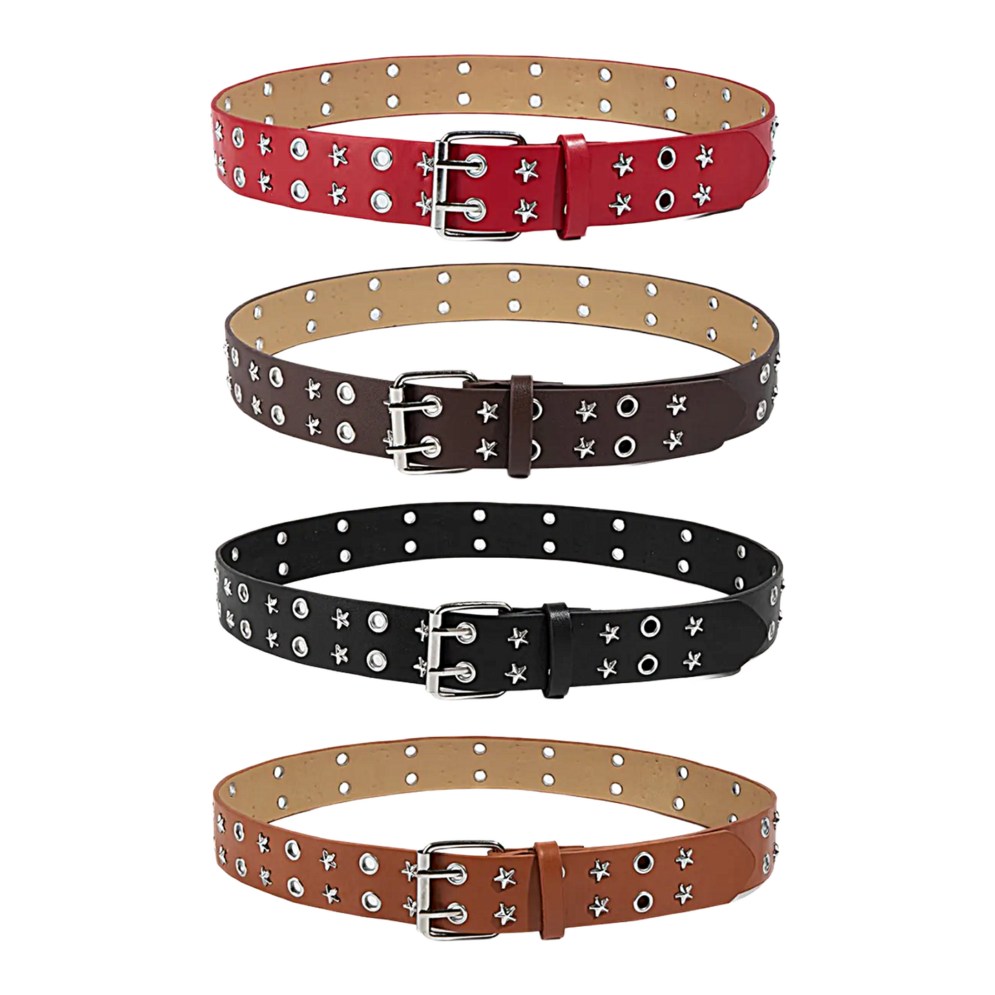 Four belts with star patterns in red, brown, black, and brown on a white background