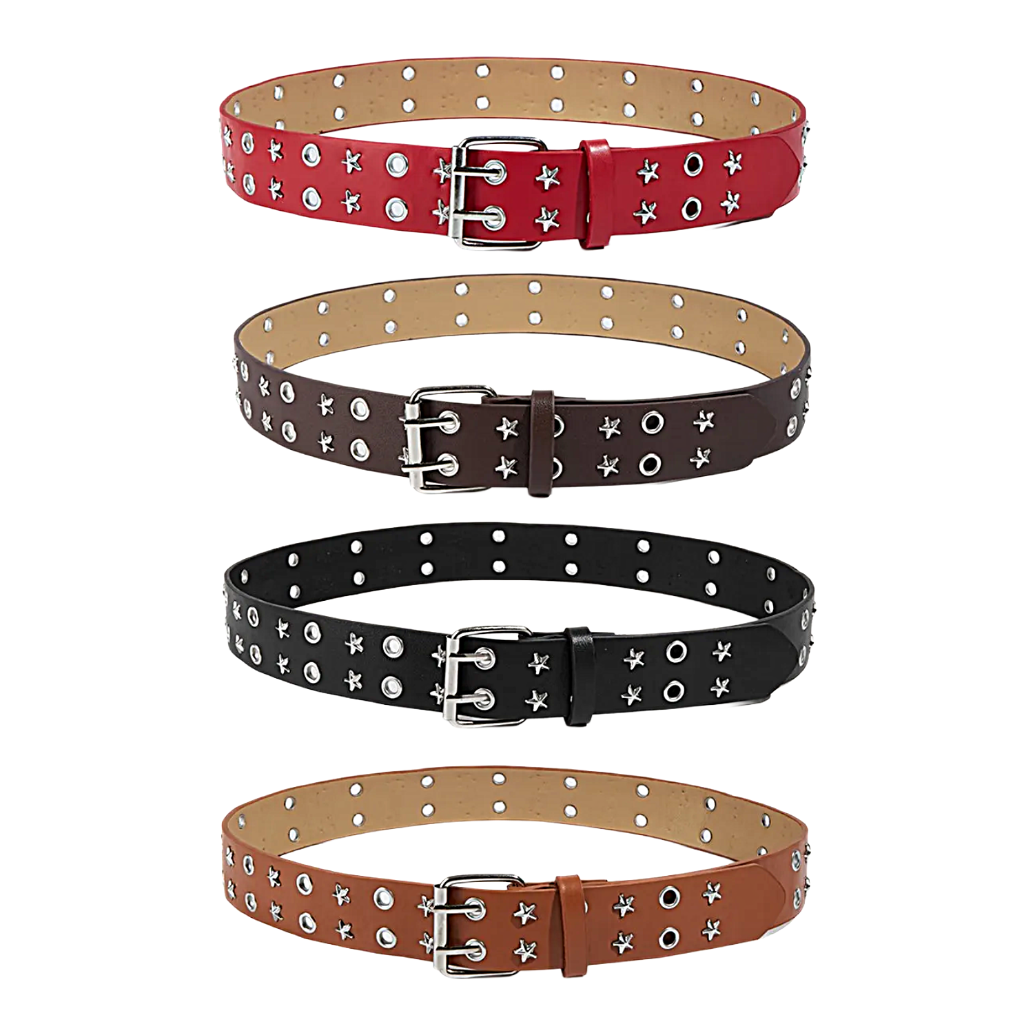 Four belts with star patterns in red, brown, black, and brown on a white background