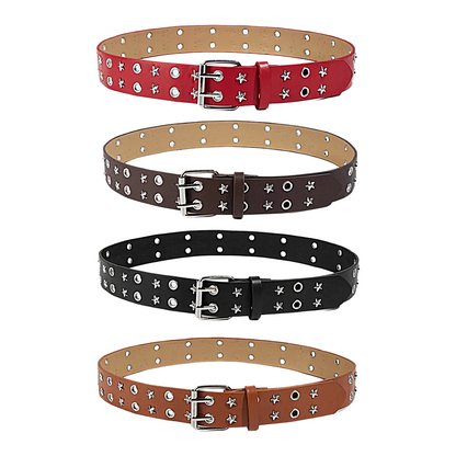 Four belts with star patterns in red, brown, black, and brown on a white background