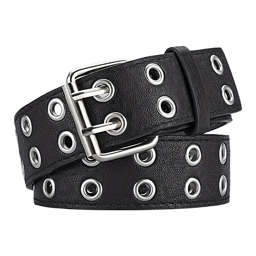 Unisex Y2K Punk Double Hole Belt PU Leather Grommet Rock Streetwear - QHA UK