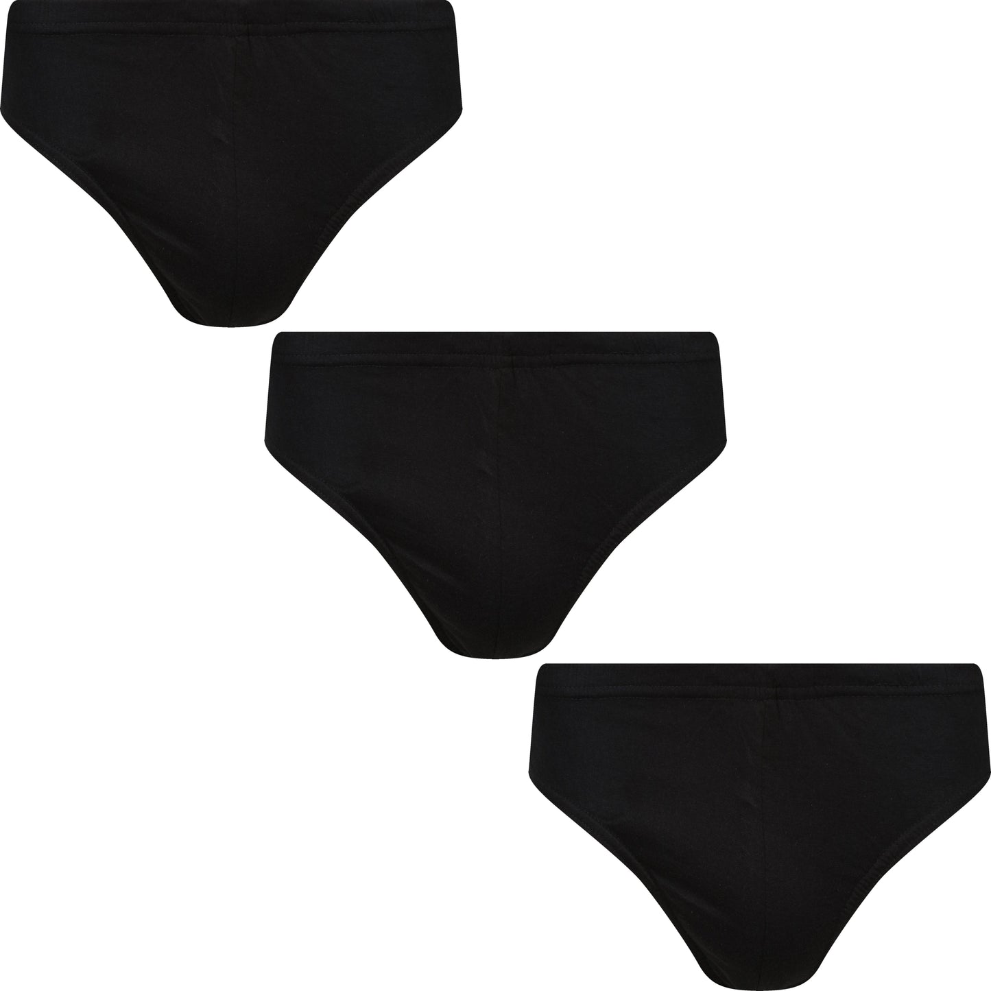 Three black bikini bottoms on a white background