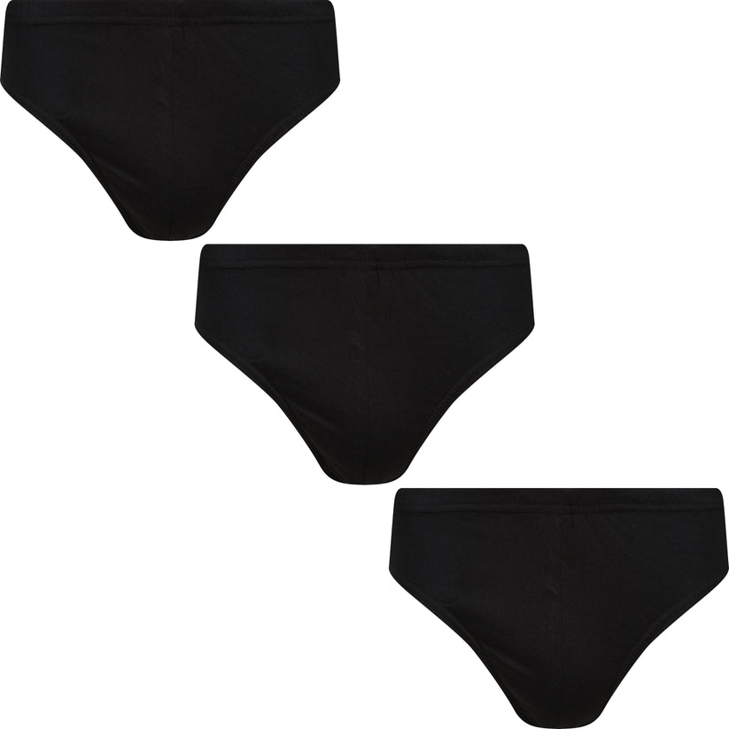 Three black bikini bottoms on a white background