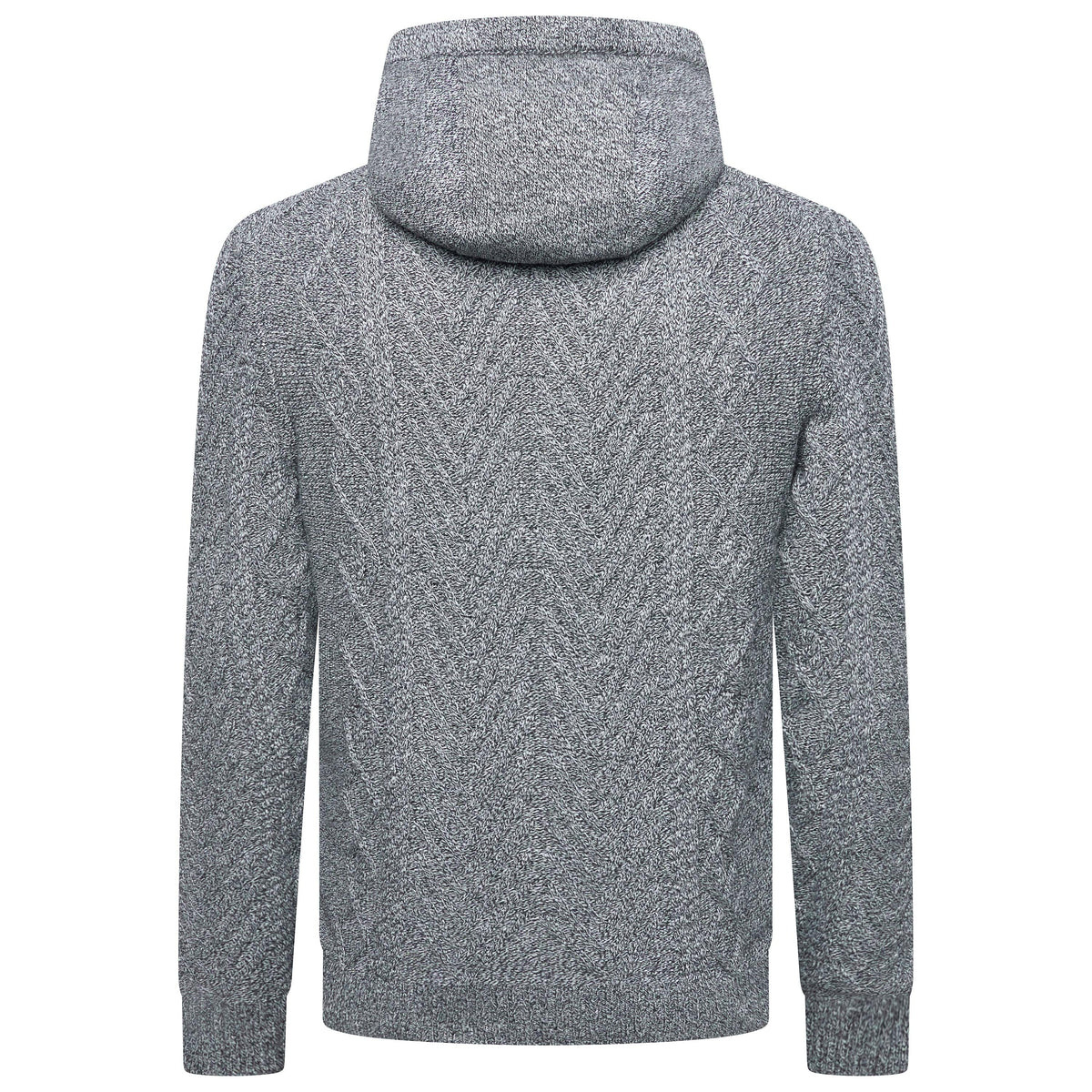 A gray textured knit hoodie shown from the back, featuring a subtle chevron pattern and ribbed cuffs and hem, on a solid white background.