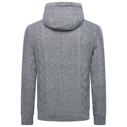A gray textured knit hoodie shown from the back, featuring a subtle chevron pattern and ribbed cuffs and hem, on a solid white background.