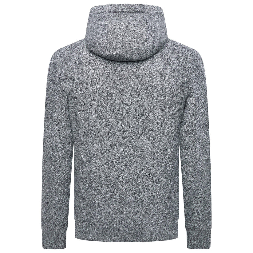 A gray textured knit hoodie shown from the back, featuring a subtle chevron pattern and ribbed cuffs and hem, on a solid white background.