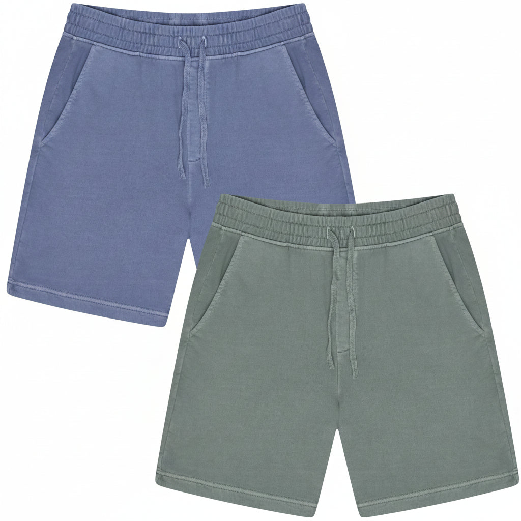 Two pairs of shorts, one blue and one green, on a white background.