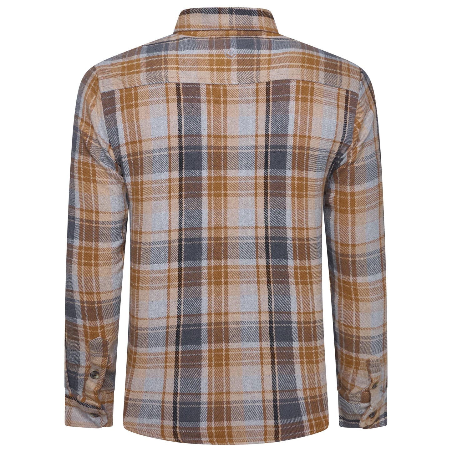 A men's long-sleeve plaid flannel shirt shown from the back, featuring a pattern of brown, beige, and gray stripes.