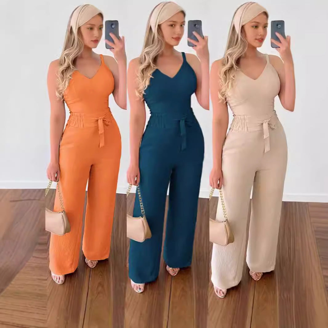 Women's Solid Color Slim Elastic Pleated Two-Piece Suit Sexy Spaghetti Strap V-neck Backless Vest High Waist Wide Leg Pants Suit