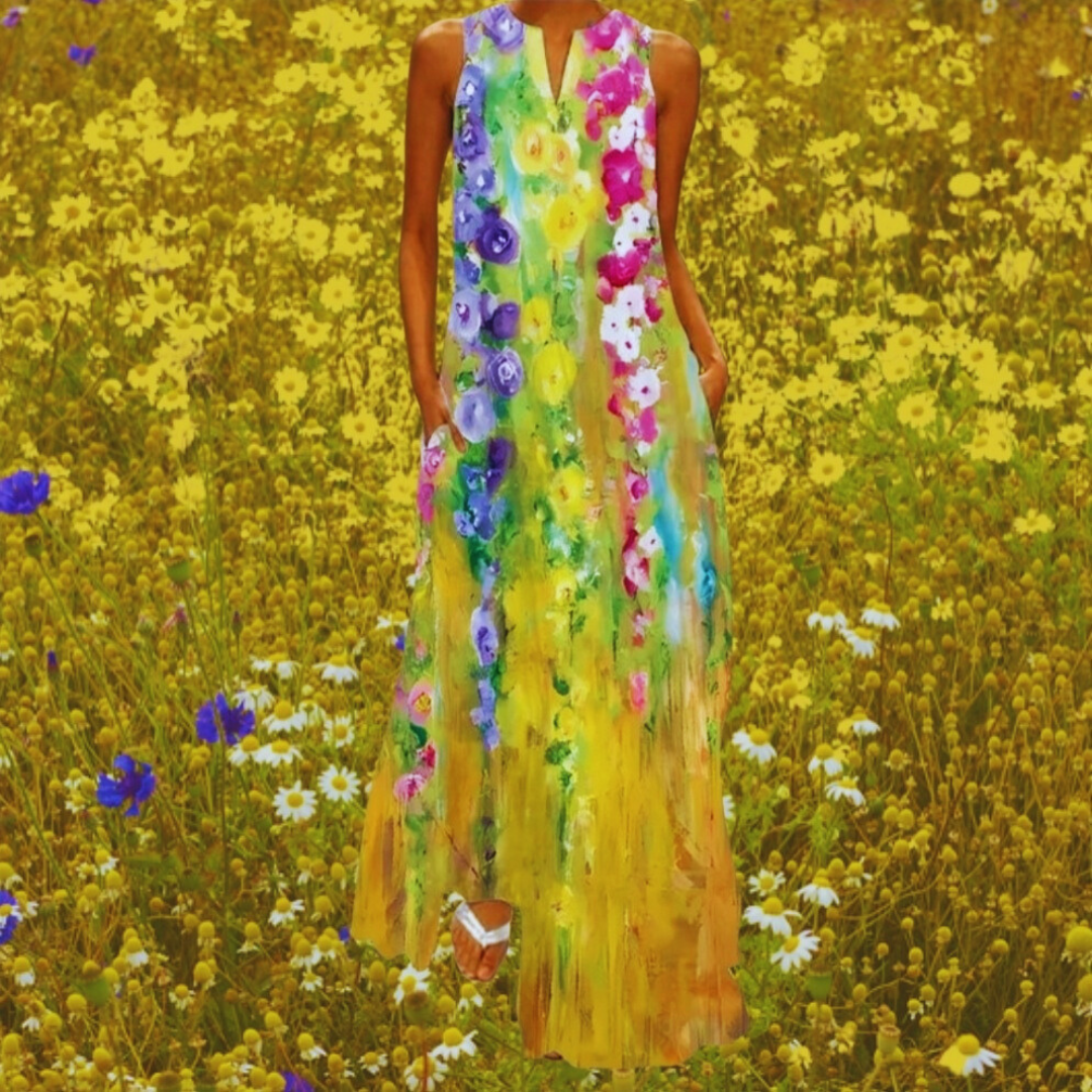 Boho Retro V-Neck Sleeveless Maxi Dress – Artistic Summer Long Dress for Women