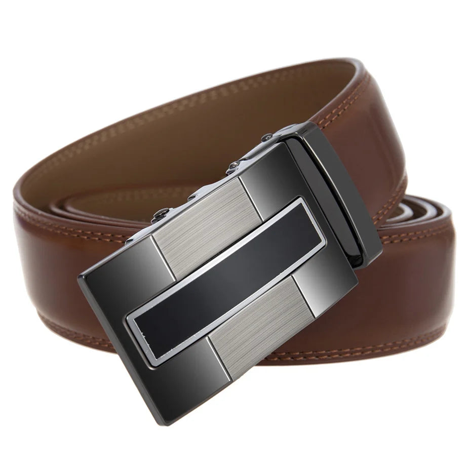 QHA Mens 35mm Ratchet Leather Belt, Gunmetal Vertical Inlay Automatic Buckle Q68