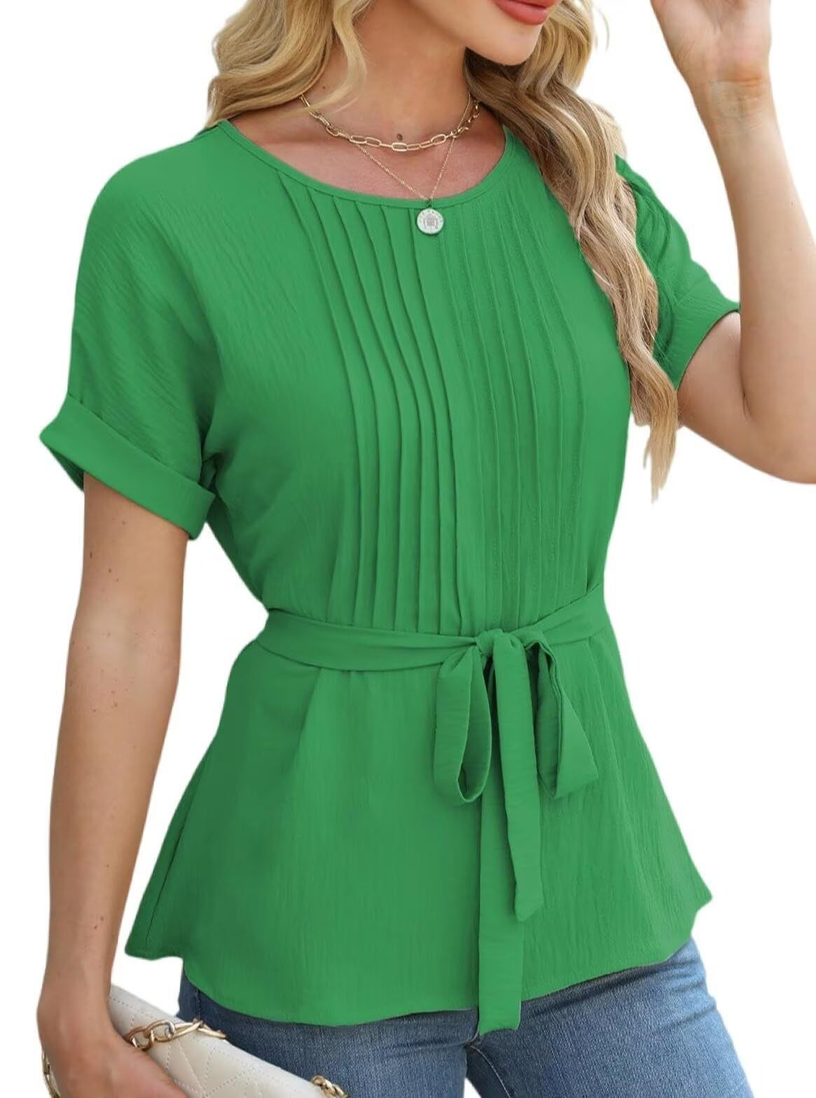 Womens Casual Shirt Ruffled Pleated Round Neck Short Sleeve Top