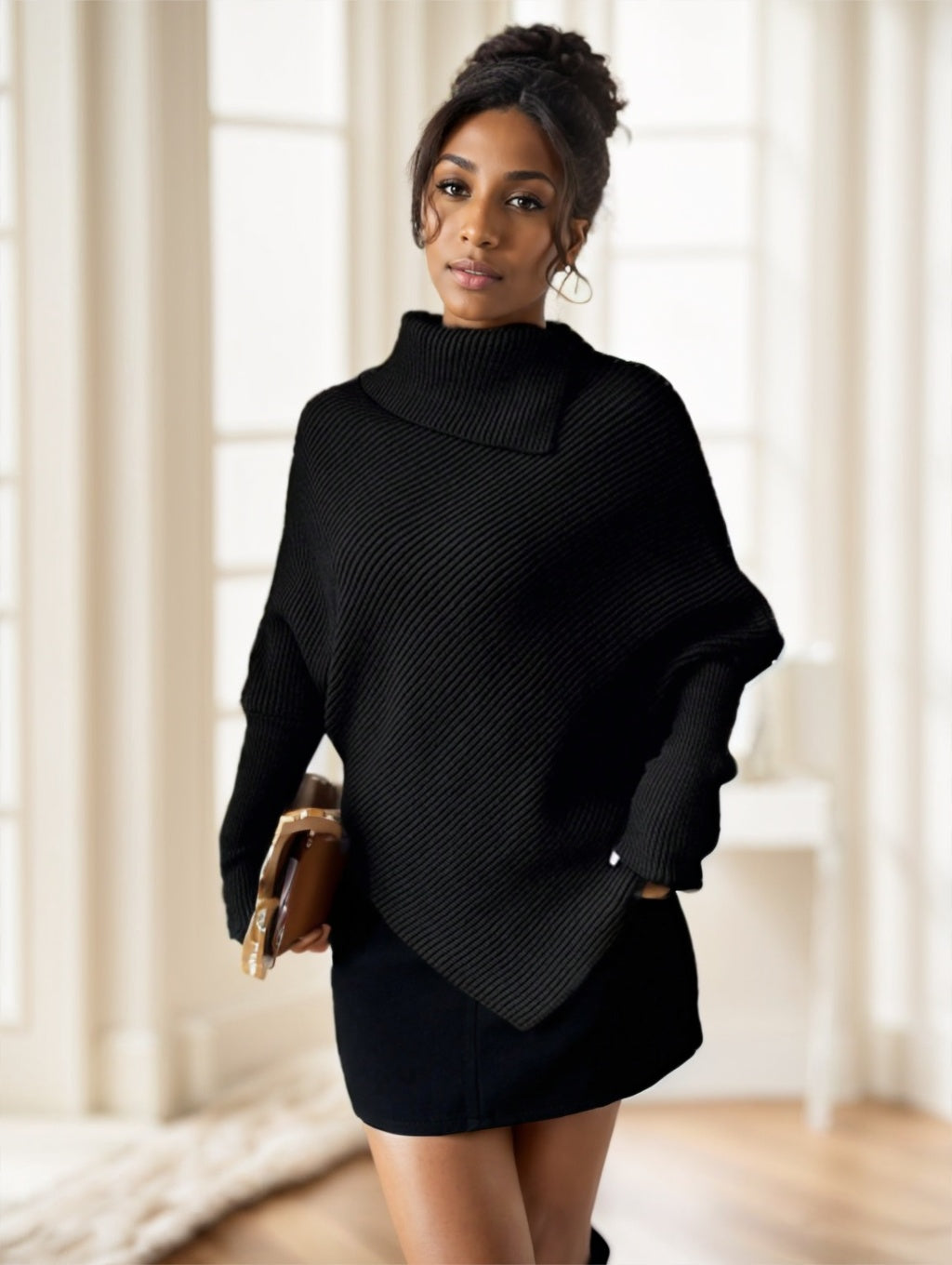 Women’s Black Asymmetrical Turtleneck Sweater – Elegant Knit Pullover