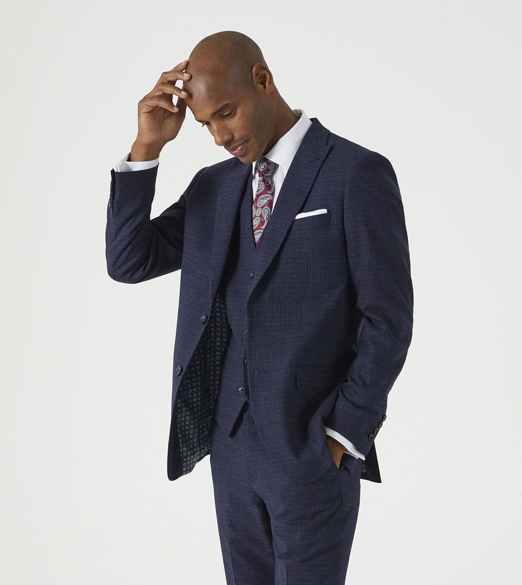 Skopes Hepworth Suit Tailored Fit Jacket For Men in Navy Blue Mini Check, 36S to 62L