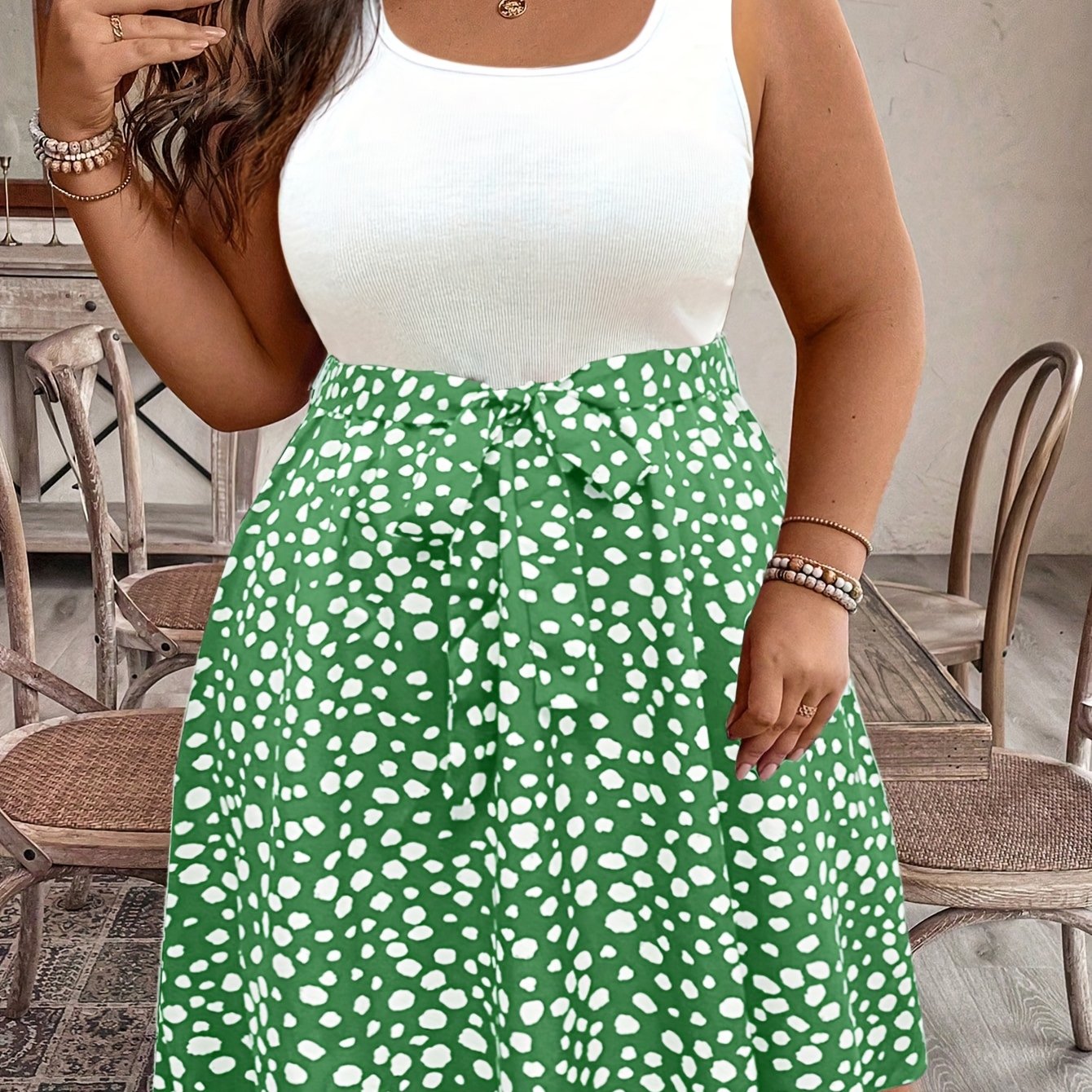 Plus Size Two-Tone Polka Dot Sleeveless Summer Dress with Ruched Detail and Belted Waist Dress