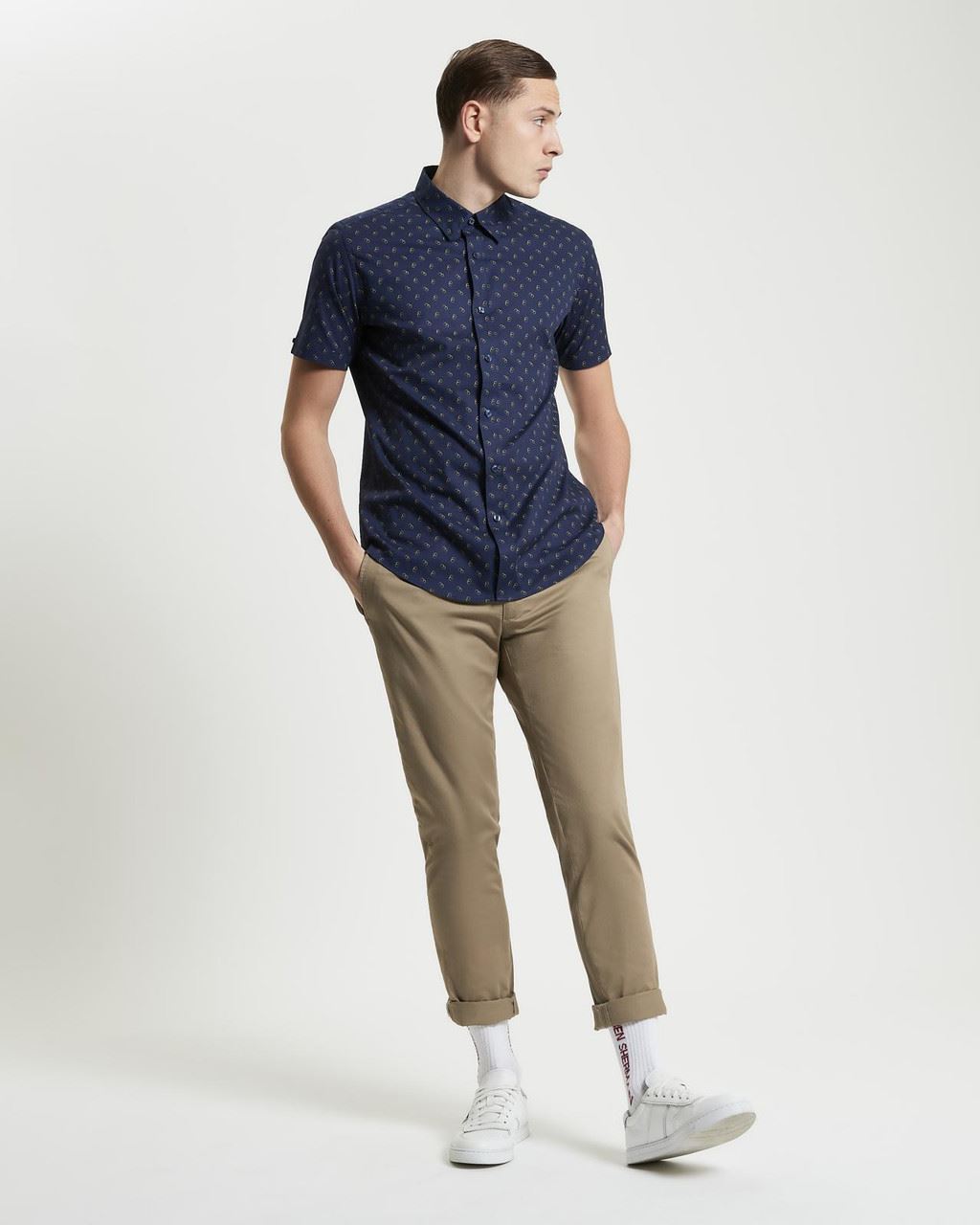 Ben Sherman Stipple Print Short Sleeve Shirt For Men in Dark Navy, 2XL-5XL