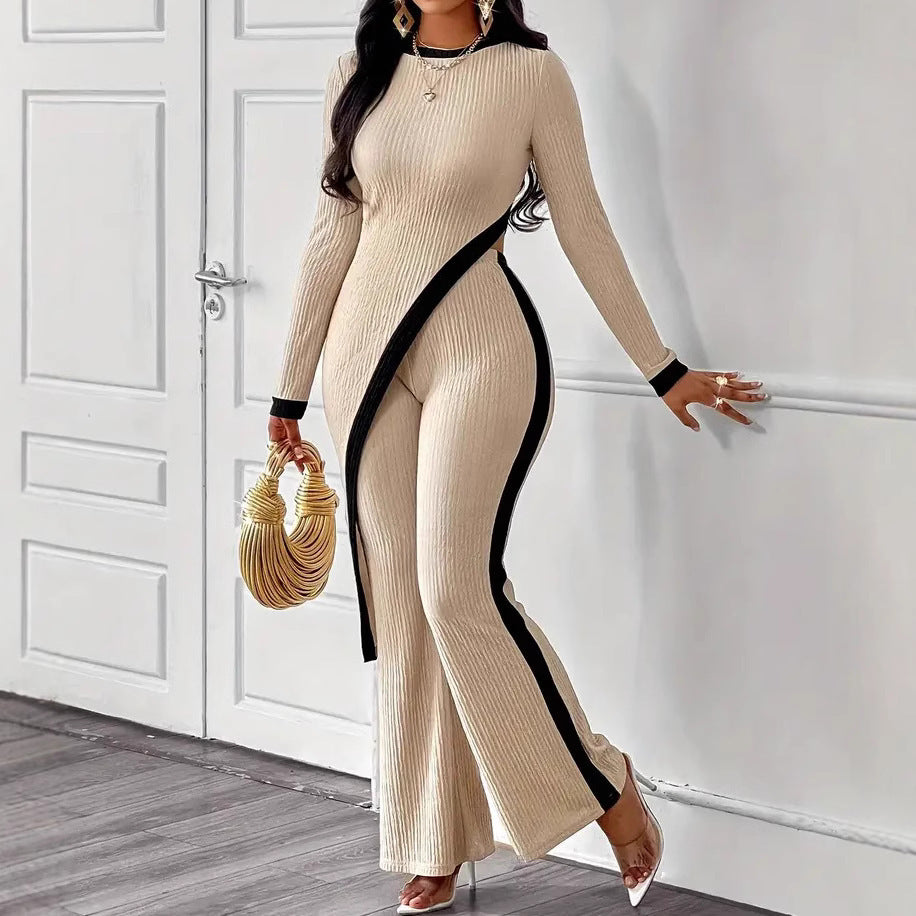 Women’s Long Sleeve Side Slit Top & Trousers Two-Piece Lounge Set