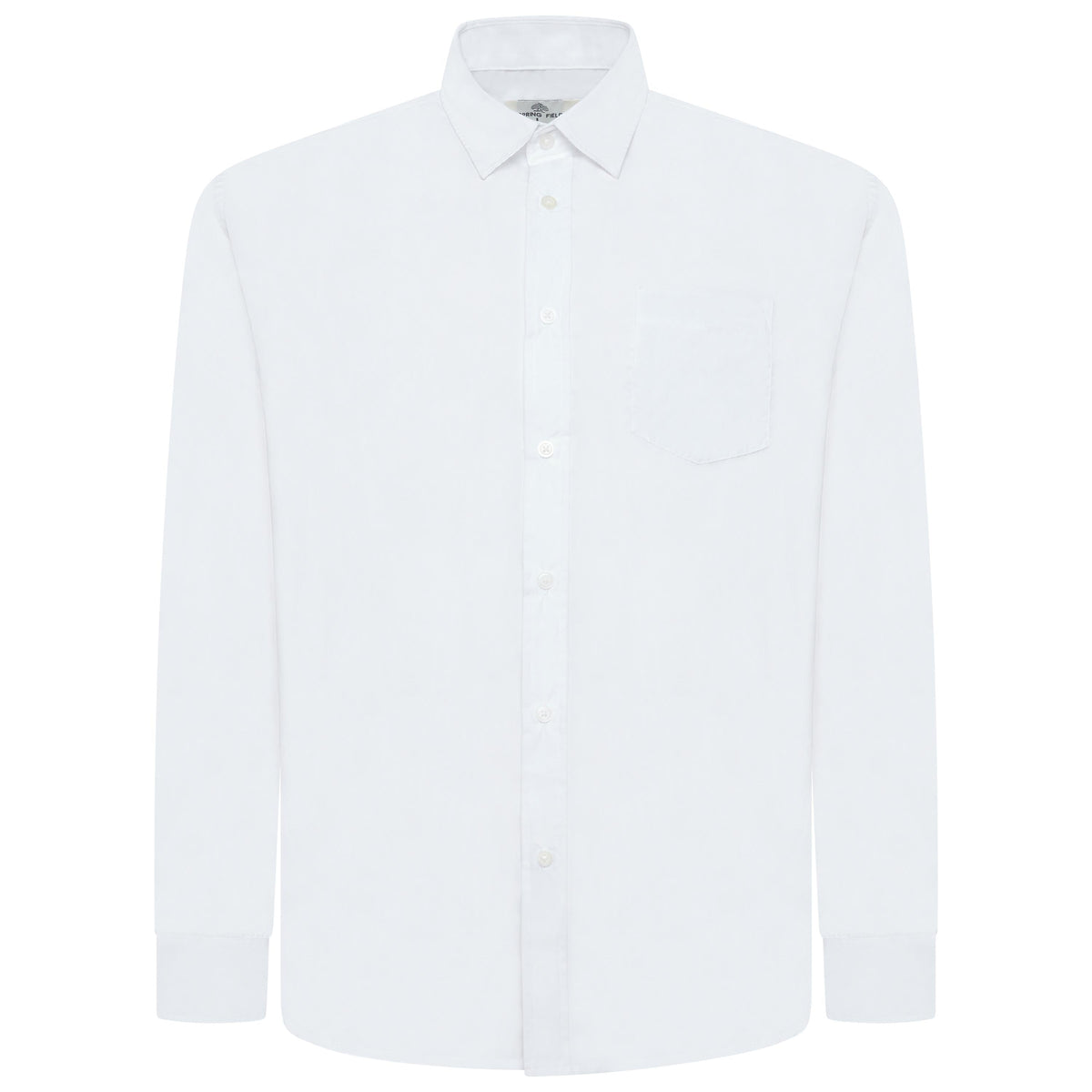 A white long-sleeve button-down shirt with a single chest pocket, shown on a plain white background.