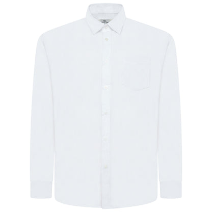A white long-sleeve button-down shirt with a single chest pocket, shown on a plain white background.