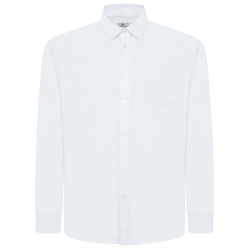 A white long-sleeve button-down shirt with a single chest pocket, shown on a plain white background.