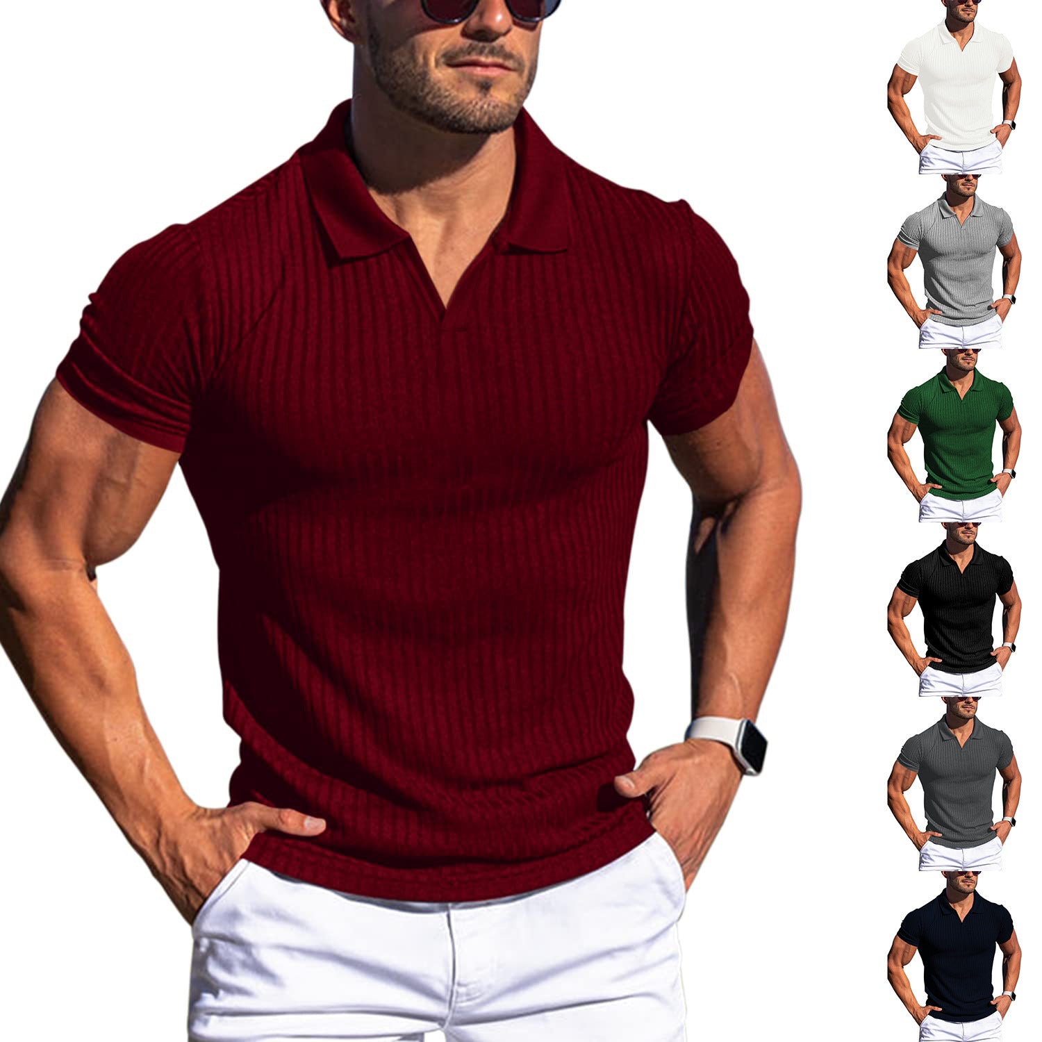Men’s Vertical Stripe Polo Shirt V-Neck Short Sleeve Lapel Casual T-Shirt
