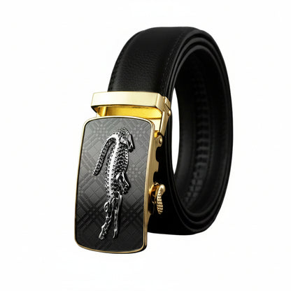 Black leather belt with a gold and silver buckle featuring a leopard design on a white background.