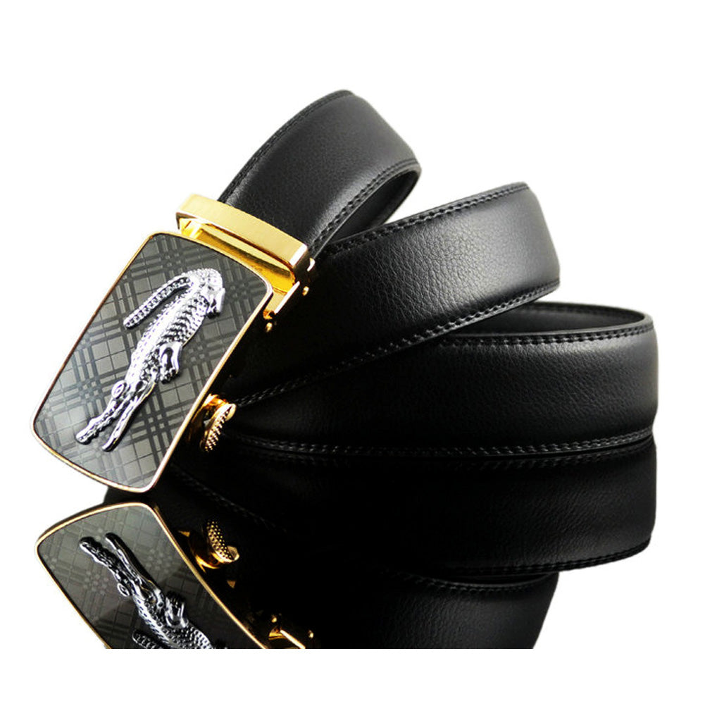 QHA Mens 35mm Ratchet Leather Belt, Alligator Automatic Sliding Buckle Q48