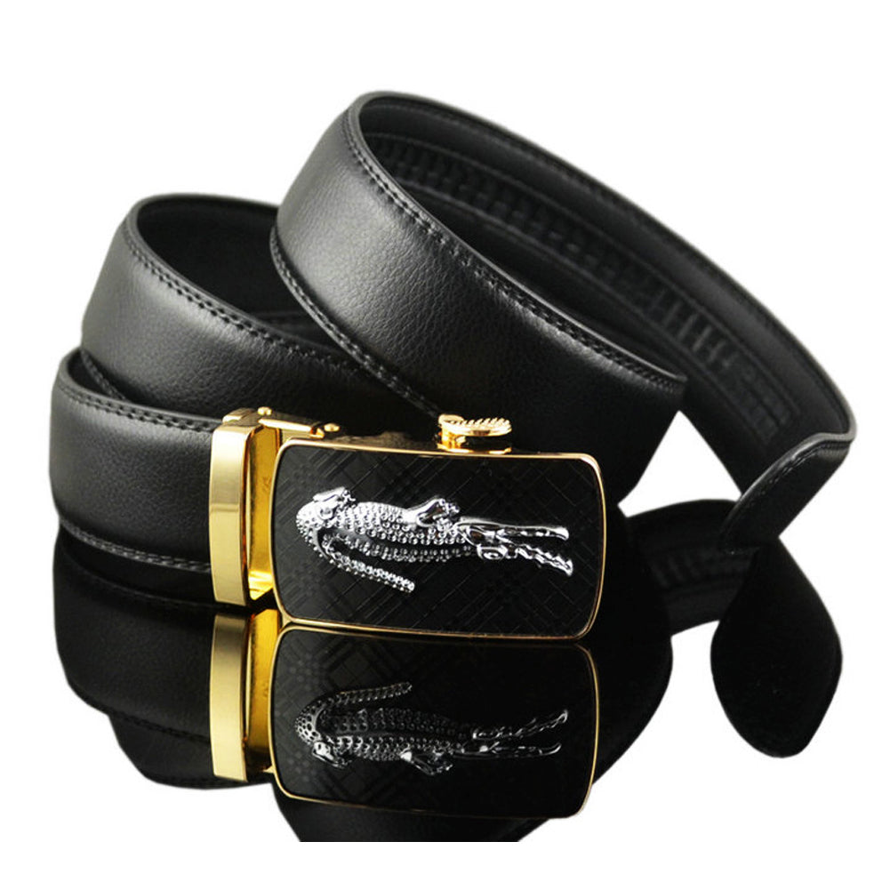 QHA Mens 35mm Ratchet Leather Belt, Alligator Automatic Sliding Buckle Q48