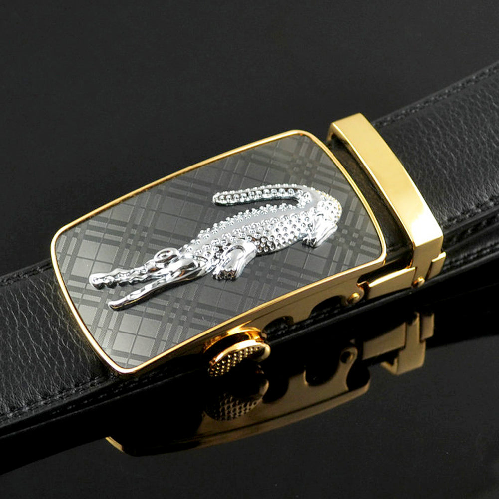 QHA Mens 35mm Ratchet Leather Belt, Alligator Automatic Sliding Buckle Q48