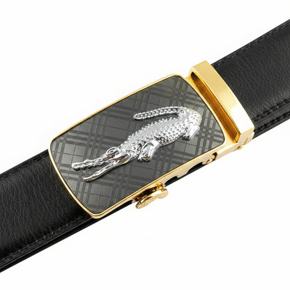Black belt with gold buckle featuring a silver alligator design on a black background