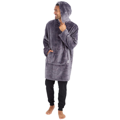 Men's Grey Embossed Football Fleece Lounge Hoodie with Kangaroo Pocket