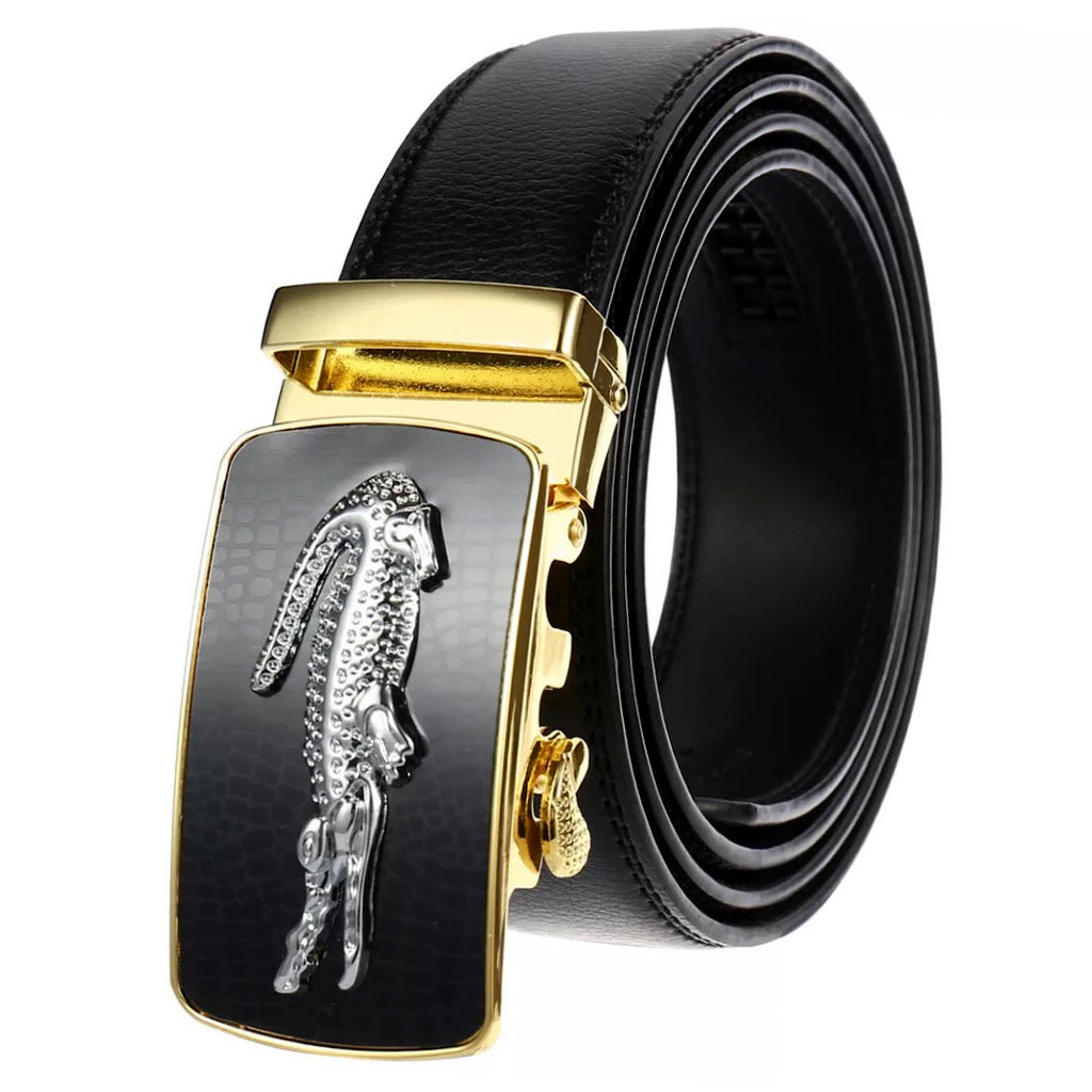 QHA Mens 35mm Ratchet Leather Belt, Alligator Automatic Sliding Buckle Q48