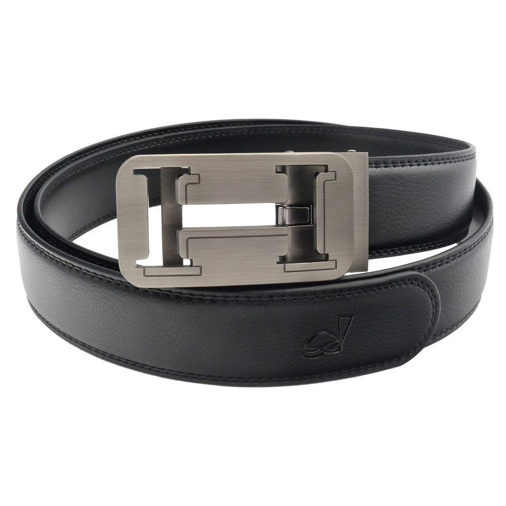 QHA Mens 35mm Ratchet Leather Belt, Geometric Cutout Automatic Buckle Q32