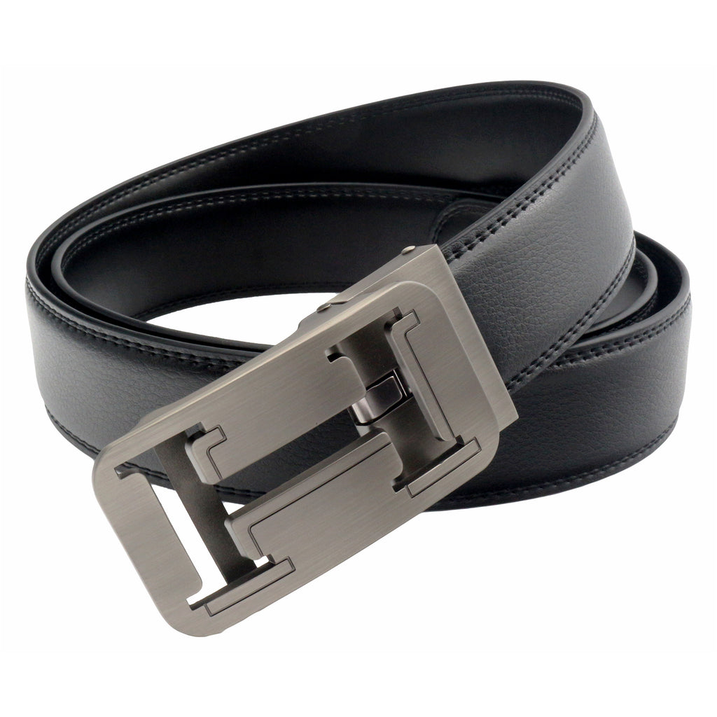 QHA Mens 35mm Ratchet Leather Belt, Geometric Cutout Automatic Buckle Q32