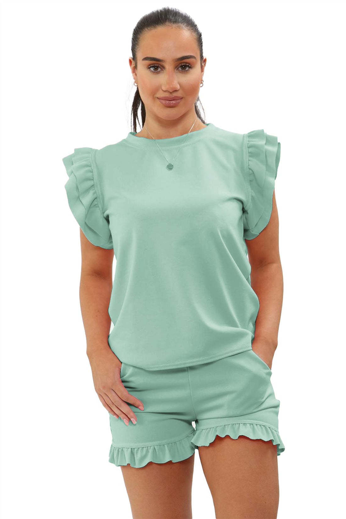 Women's Frill Peplum Sleeve Top & Shorts Set – 2-Piece Casual Tracksuit Outfit