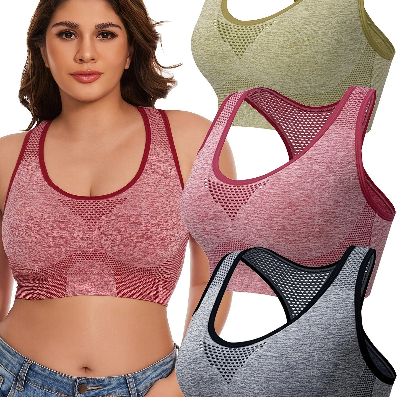 3pcs Plus Size Sports Bras Low Support, Polyamide Blend, Hollow Mesh Design - Casual Wear for Women's Activewear