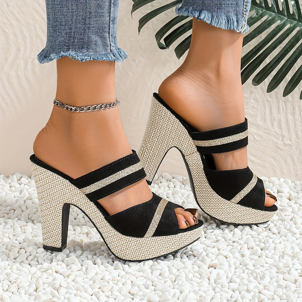 Elegant Bohemian Waterproof Slip-On with Ankle Strap, Open Toe Design High Heels