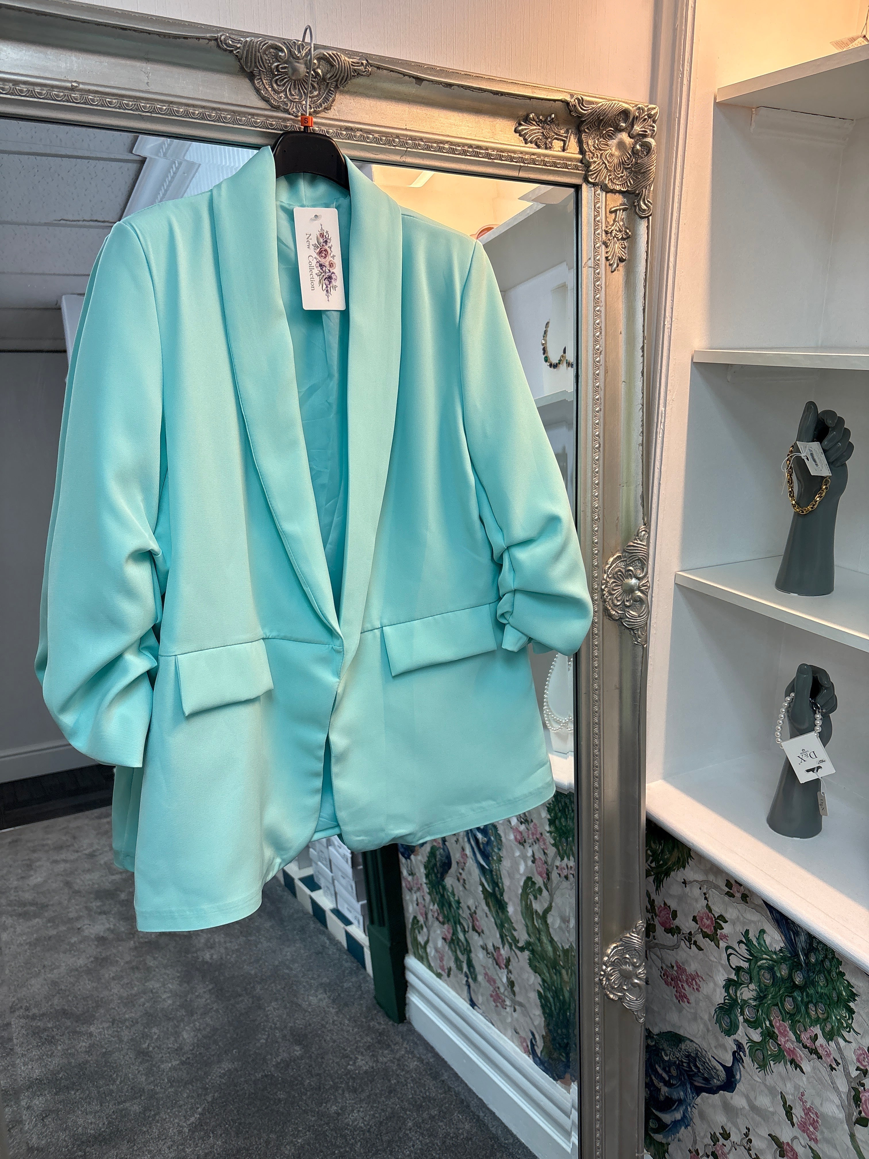 Turquoise Ruched Sleeve Blazer | Women’s Tailored Jacket