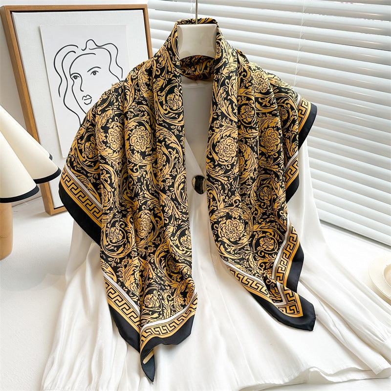 Women's Premium Twill Silk Scarf, Large Printed 90/90cm Striped Square Scarf