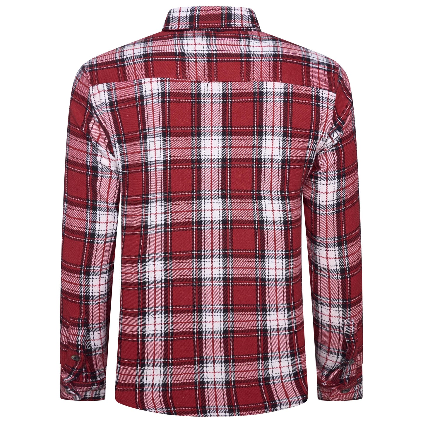 A red and white plaid long-sleeve button-up shirt shown from the back, featuring a classic tartan pattern with black and thin yellow lines.