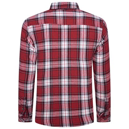 A red and white plaid long-sleeve button-up shirt shown from the back, featuring a classic tartan pattern with black and thin yellow lines.
