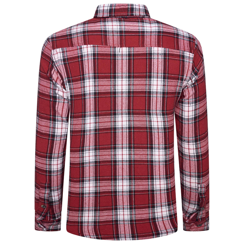 A red and white plaid long-sleeve button-up shirt shown from the back, featuring a classic tartan pattern with black and thin yellow lines.