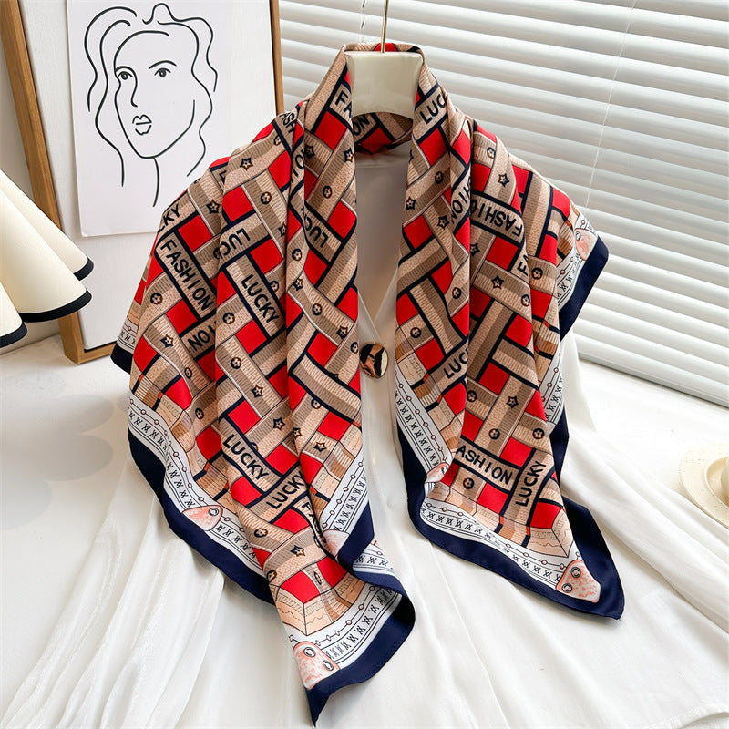 Women's Premium Twill Silk Scarf, Large Printed 90/90cm Striped Square Scarf